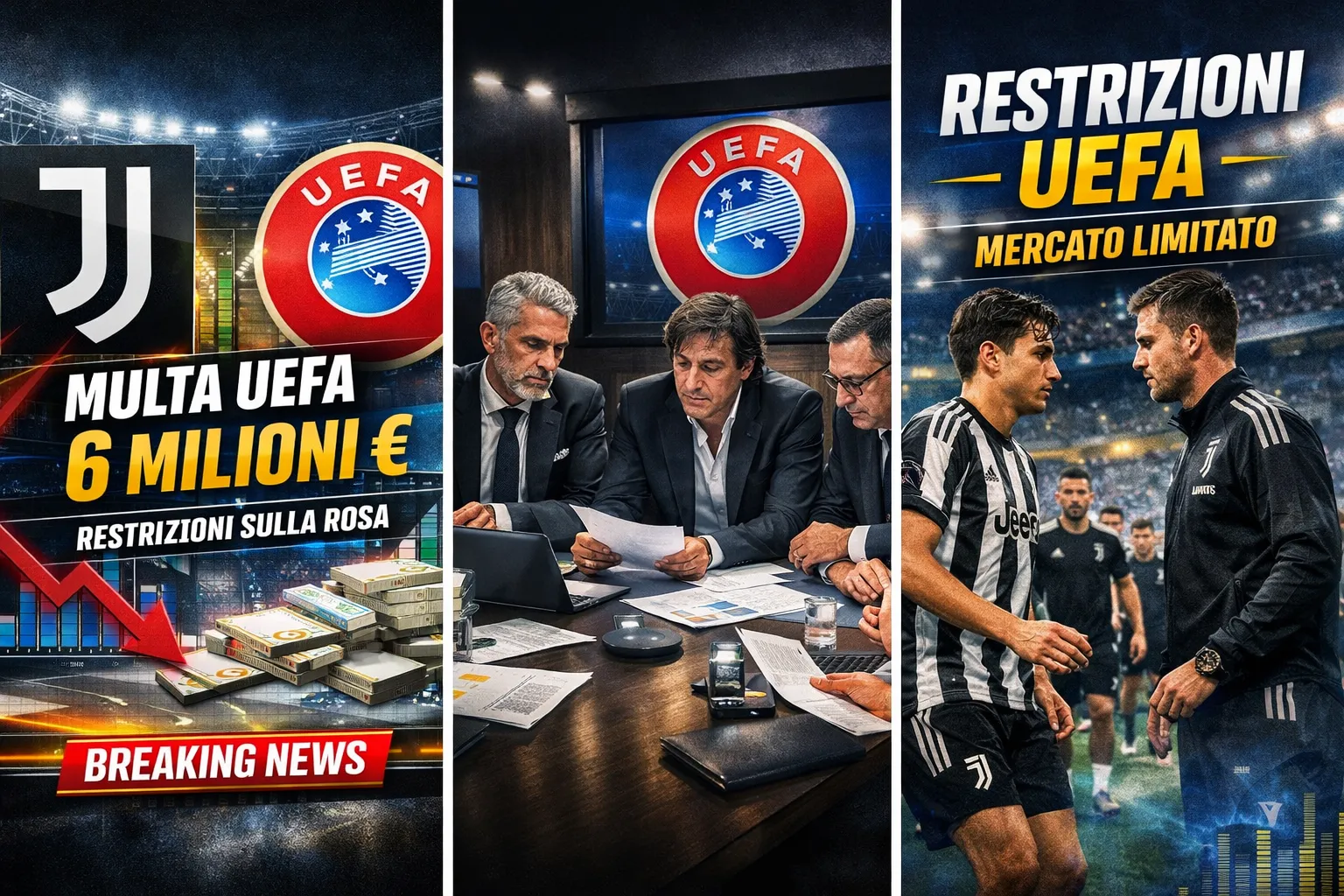 Logo Juventus e UEFA con grafica Fair Play Finanziario, concept breaking news 2026