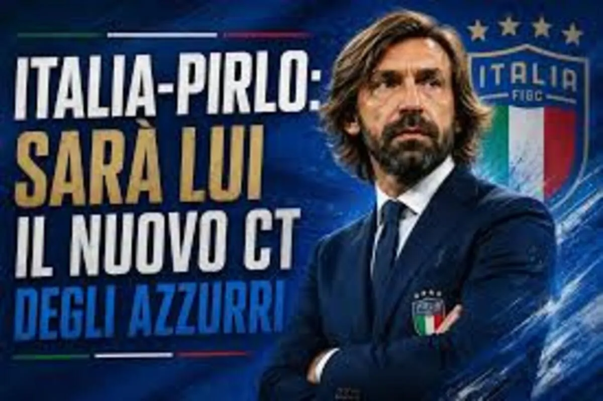 Primo piano di Andrea Pirlo in abito formale con lo stemma della FIGC, accompagnato dalla scritta grafica "Italia-Pirlo: sarà lui il nuovo CT degli Azzurri".