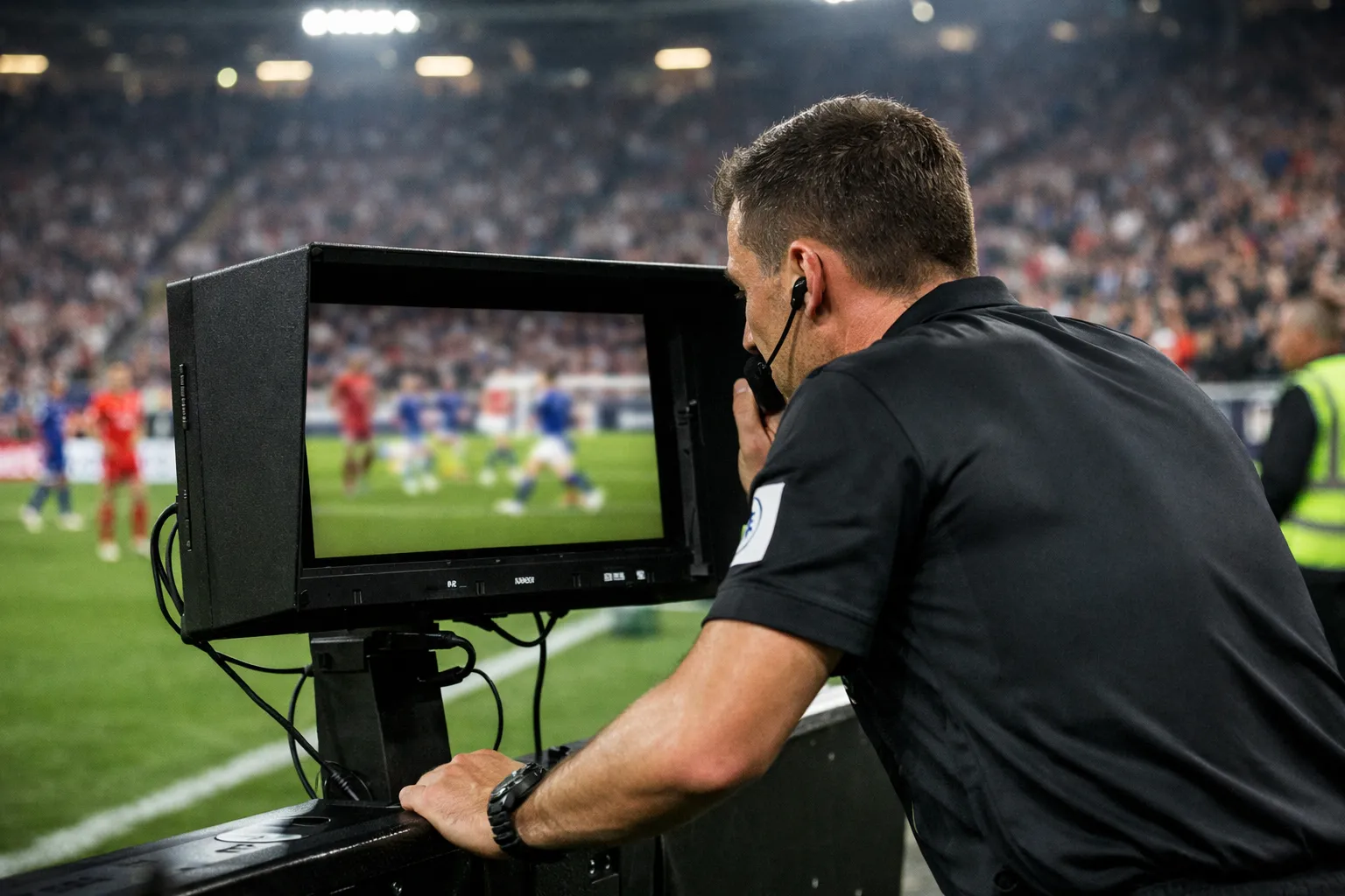 Arbitro che osserva il monitor VAR durante una revisione in partita