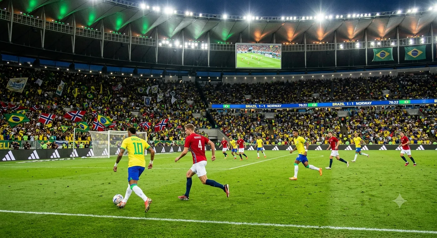 Scena calcistica realistica nello stadio illuminato di sera durante Brasile vs Norvegia, con giocatori in campo e pubblico che sventola bandiere.