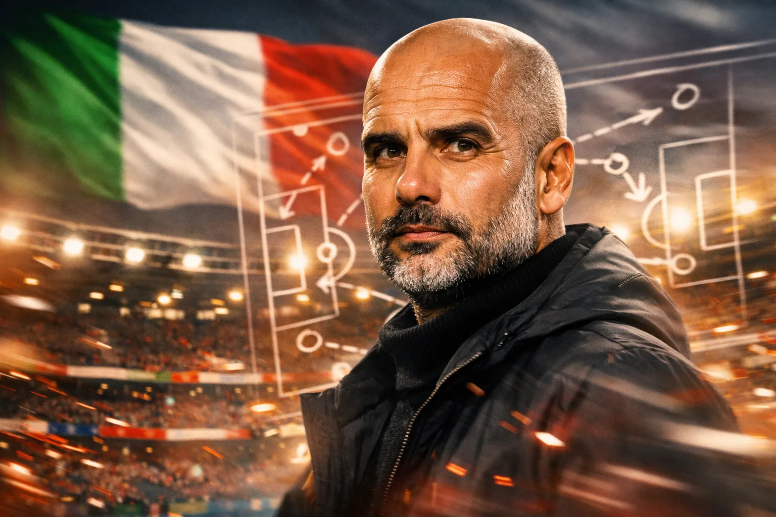 Pep Guardiola davanti a una lavagna tattica con maglie azzurre, simbolo della possibile trasformazione della Nazionale italiana.