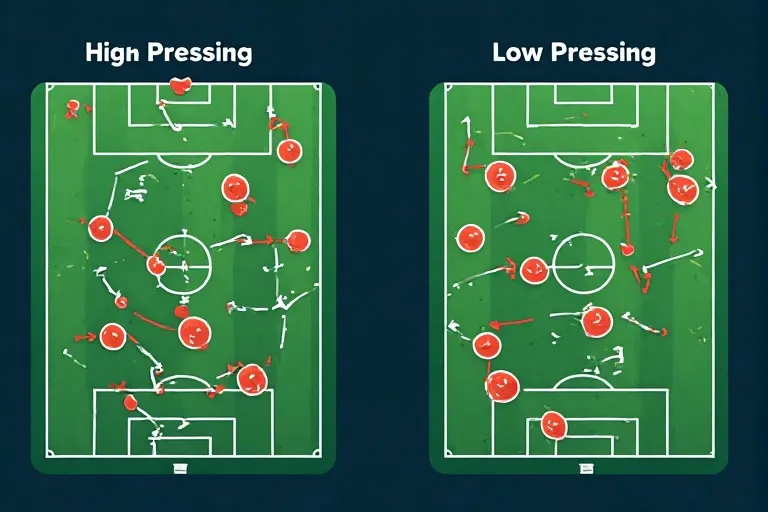 Schema tattico che confronta pressing alto e pressing basso con frecce e zone evidenziate