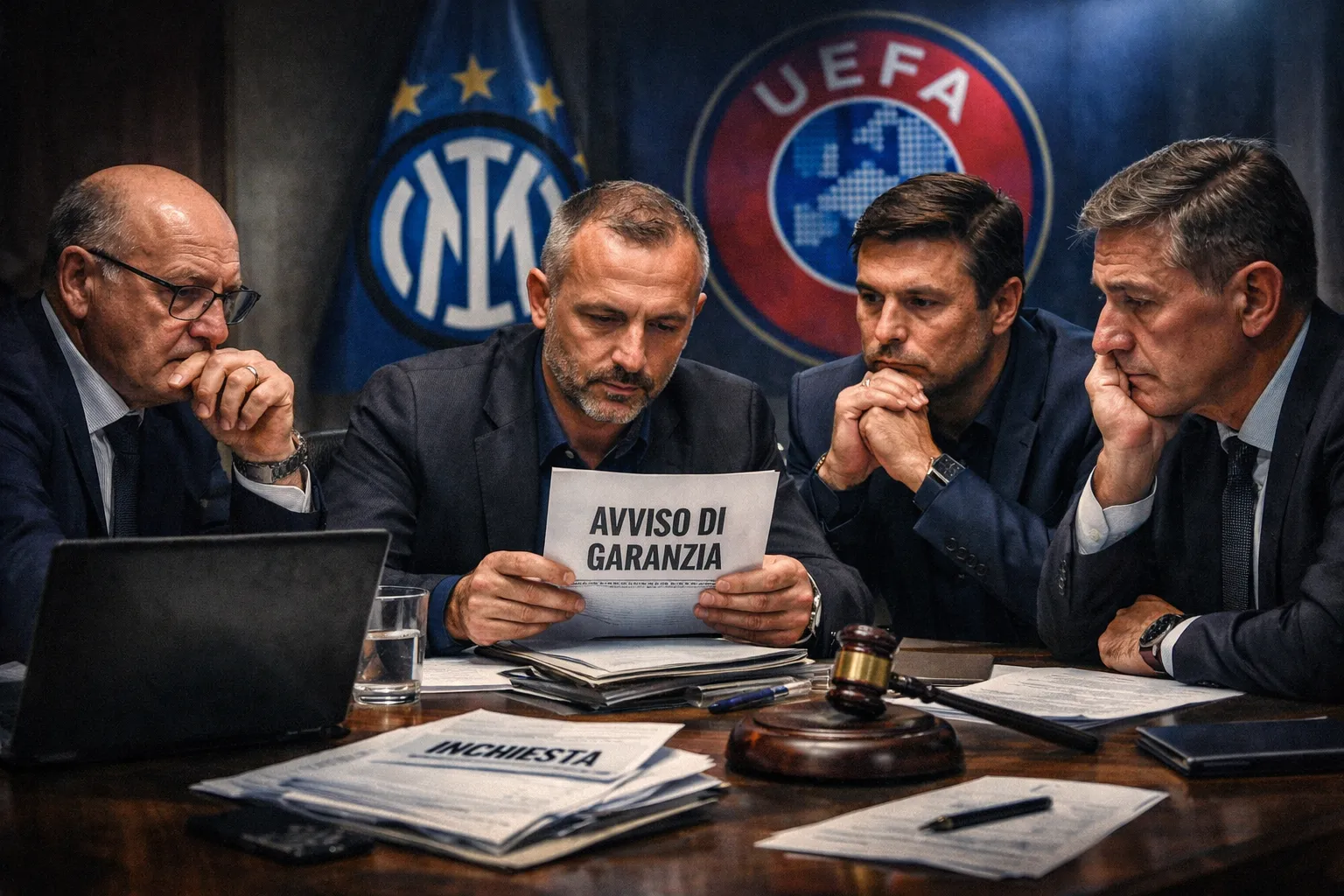 Dirigenti dell’Inter in riunione con documenti giudiziari e logo UEFA sullo sfondo, concept emergenza societaria 2026