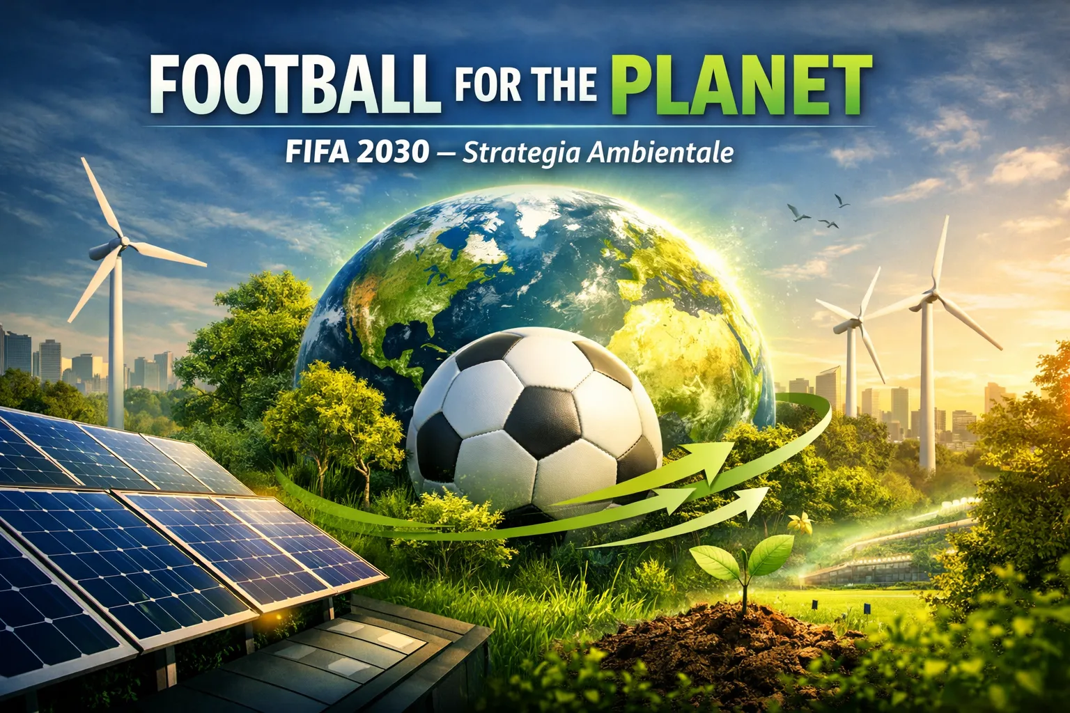 Illustrazione con globo terrestre, pallone da calcio, pannelli solari e turbine eoliche che rappresentano la strategia ambientale FIFA 2030 Football for the Planet