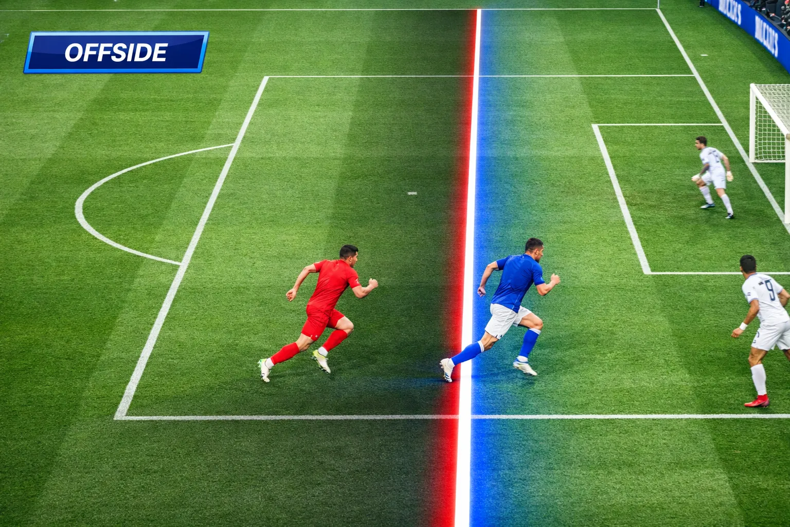 Azione di fuorigioco mostrata con linea virtuale sul campo da calcio