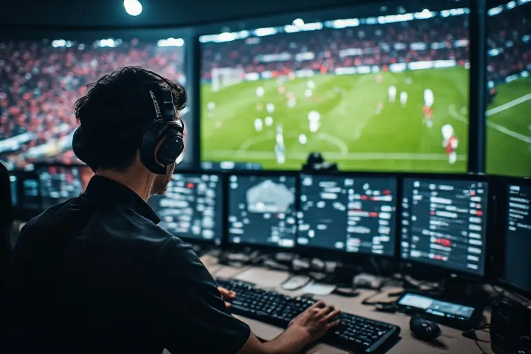 Sala VAR che analizza un fuorigioco con linee calibrate sullo schermo