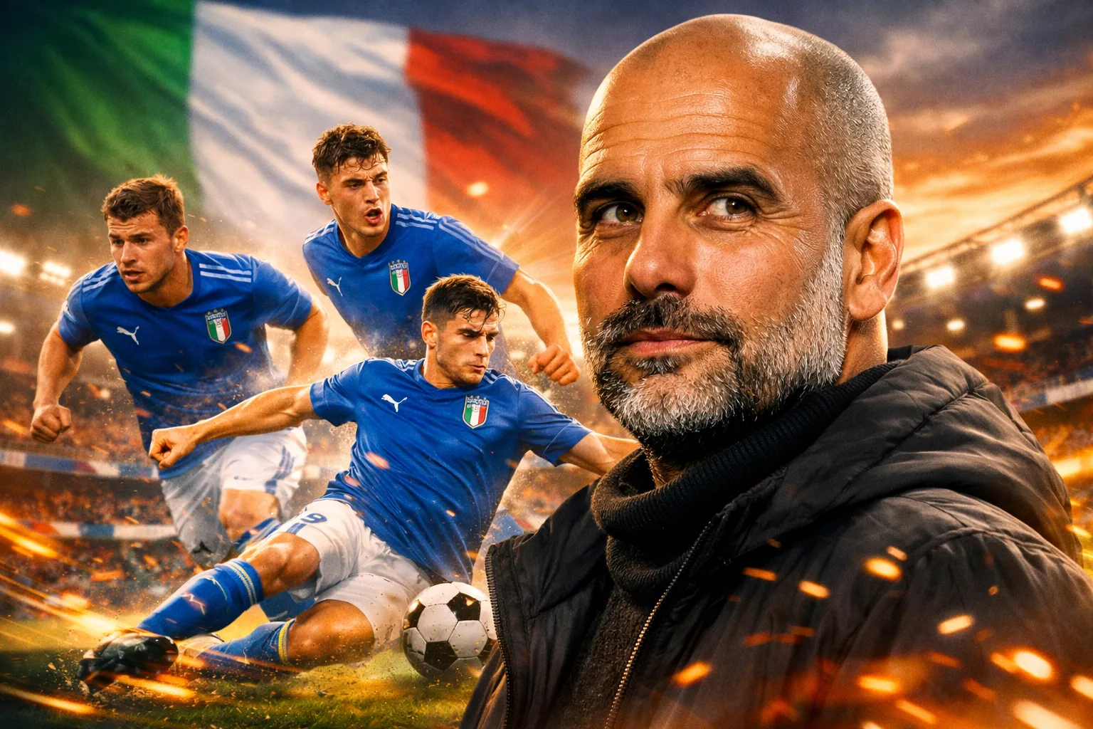 Pep Guardiola in primo piano con alle spalle giocatori azzurri in esultanza, simbolo dei talenti italiani che potrebbero esplodere con lui CT.