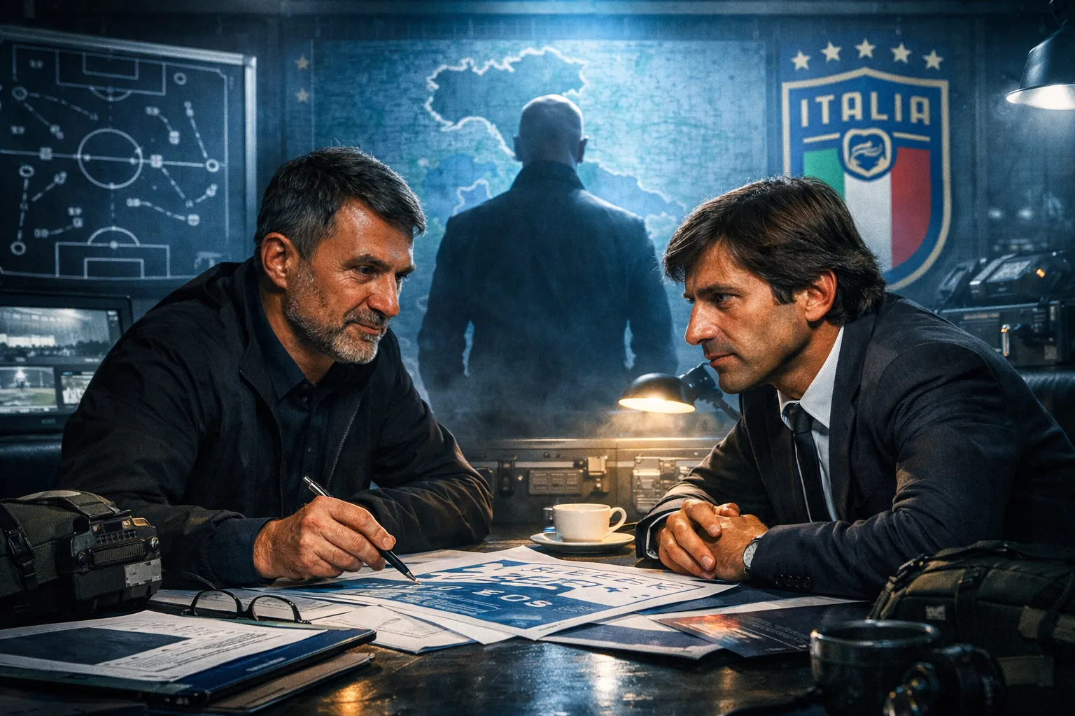 Maldini e Leonardo mentre discutono un piano strategico con la silhouette di Pep Guardiola sullo sfondo.