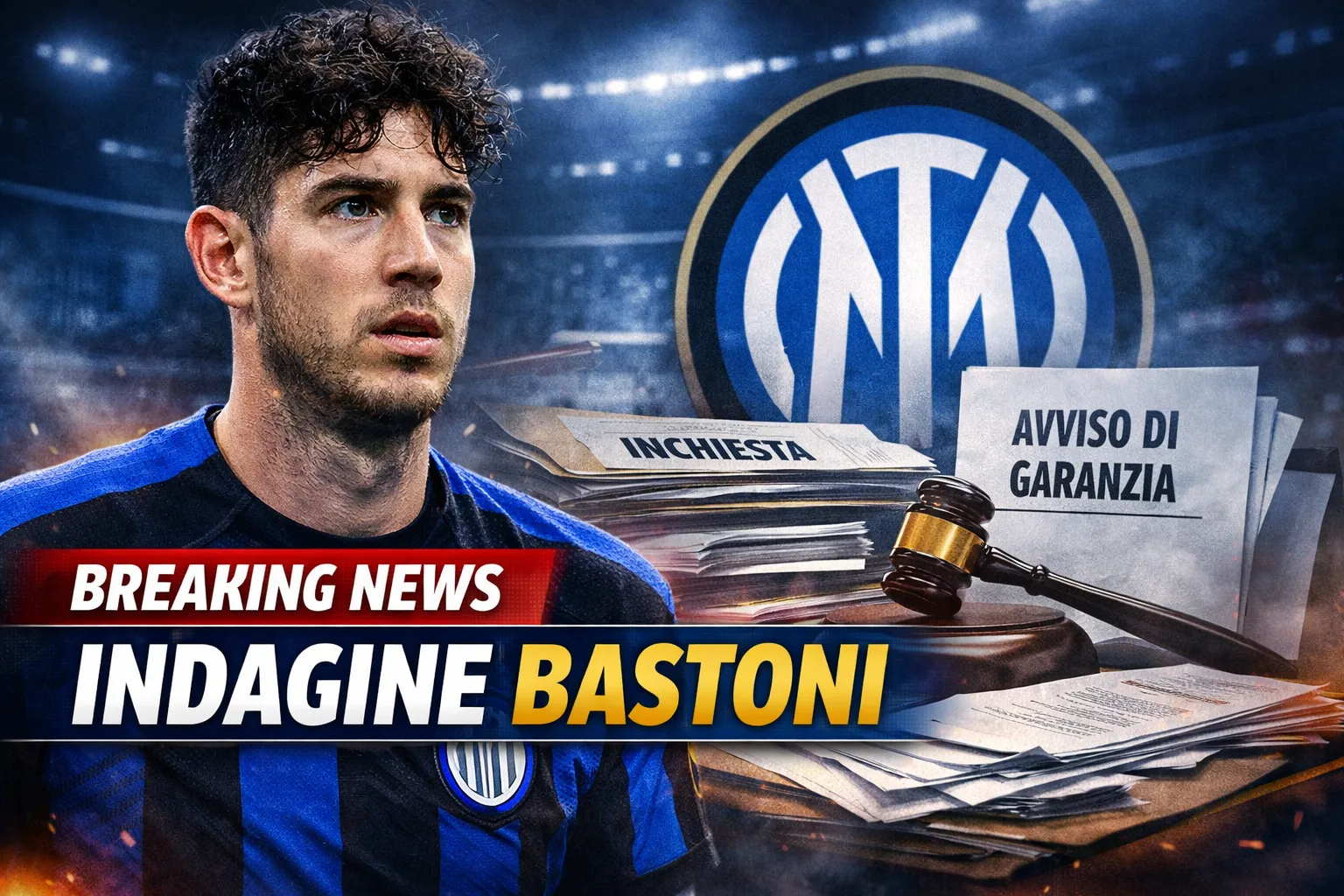 Alessandro Bastoni con grafica breaking news e logo Inter, concept inchiesta giudiziaria 2026