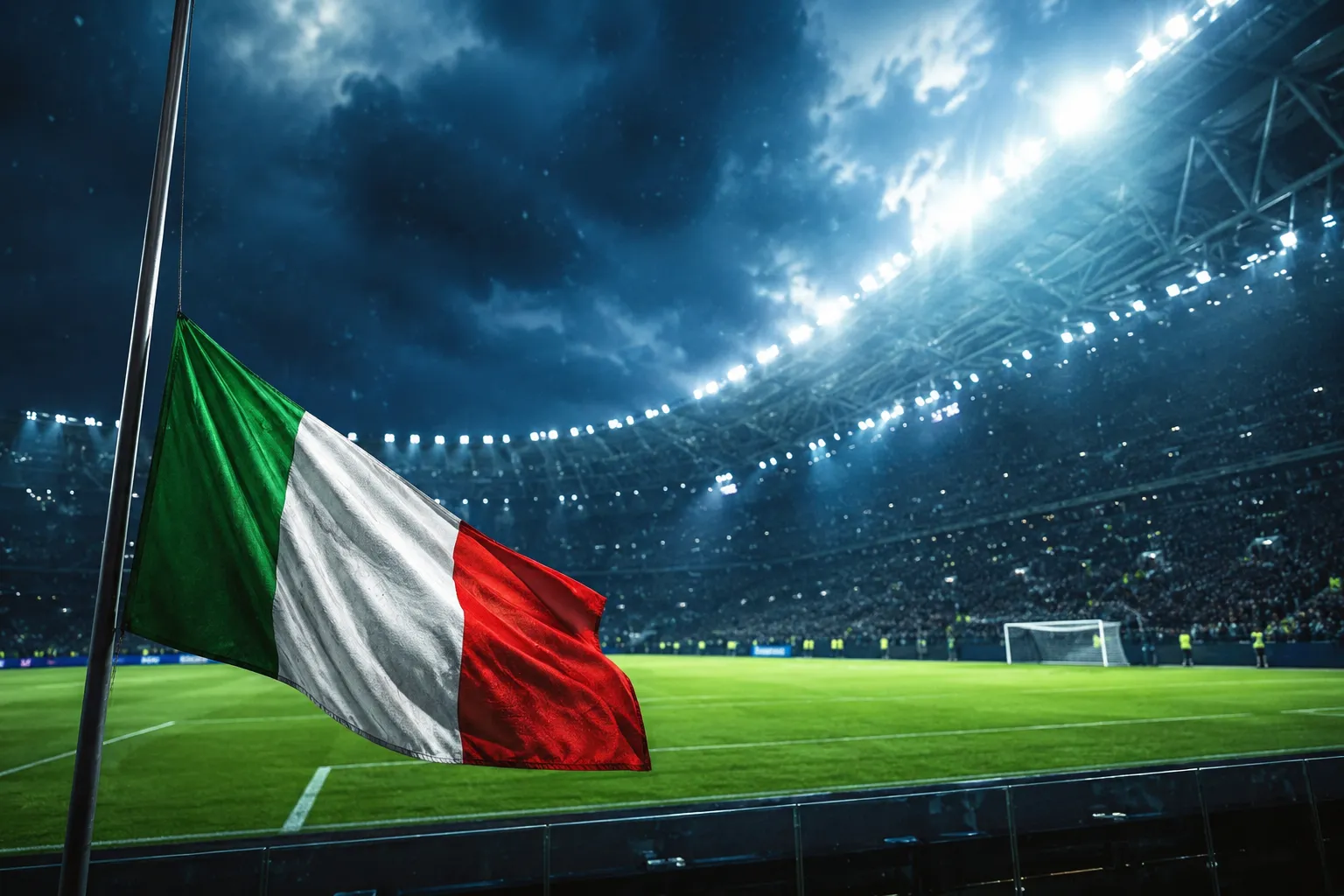 Bandiera italiana su campo da calcio che simboleggia il calo nel ranking FIFA