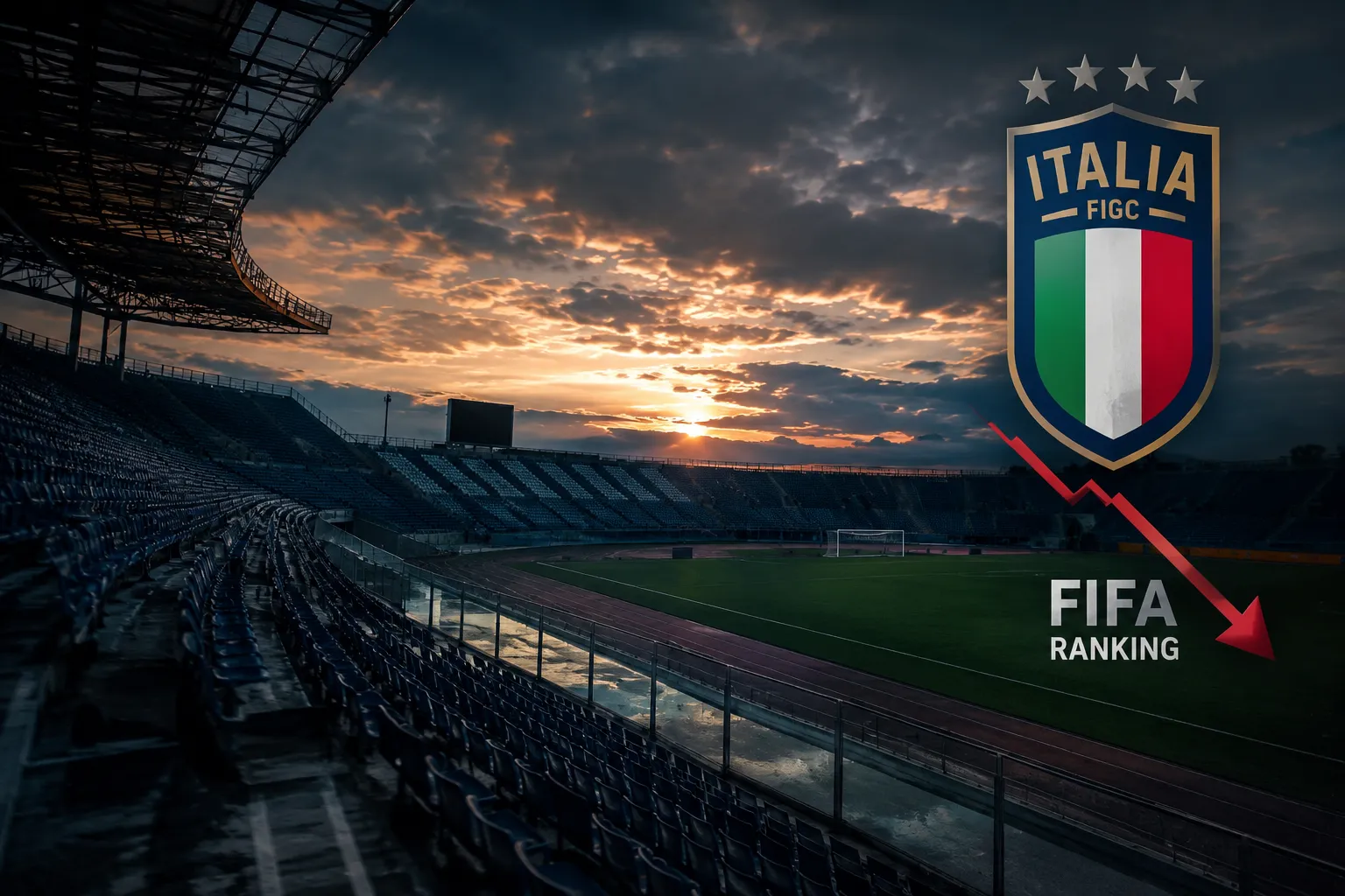 Stadio italiano vuoto al tramonto che rappresenta la crisi del calcio italiano