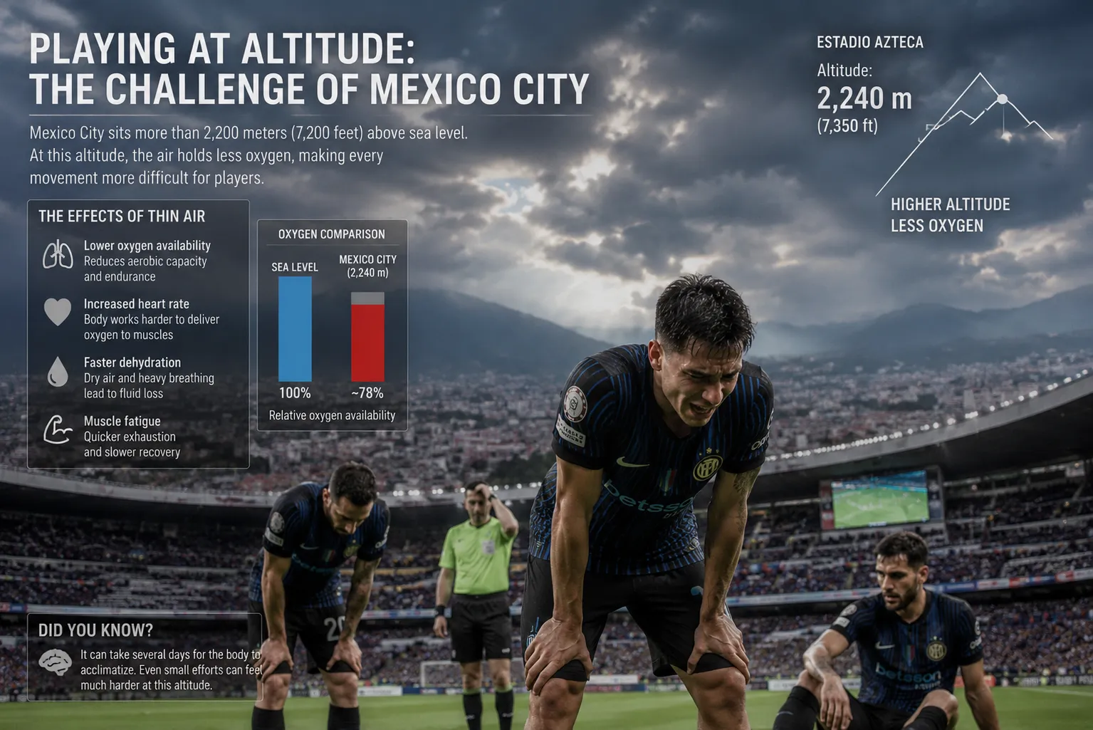 Estadio Azteca visto dall’alto con atmosfera intensa e riferimento all’altitudine