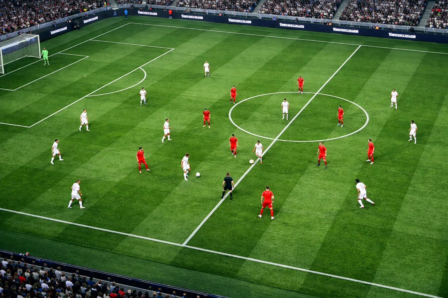 Campo da calcio moderno visto dall’alto con disposizione tattica dei giocatori