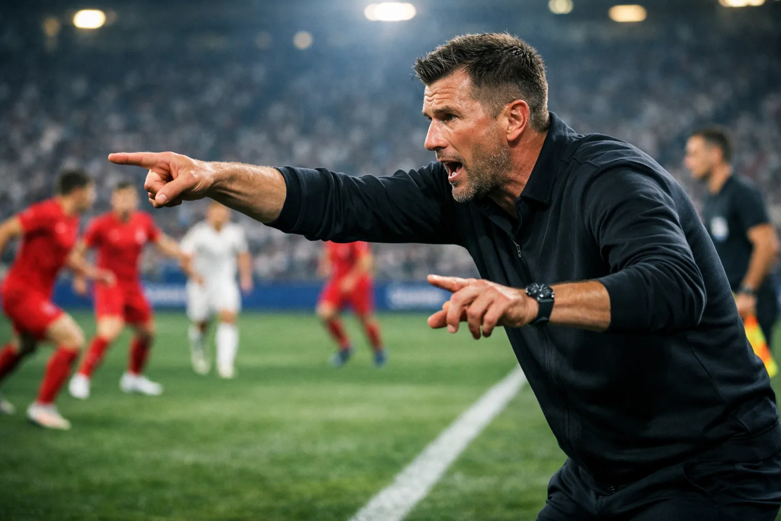 Allenatore che guida la squadra durante una fase di pressing aggressivo