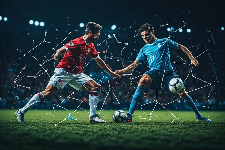 Campo da calcio moderno con giocatori posizionati tatticamente sotto le luci dello stadio