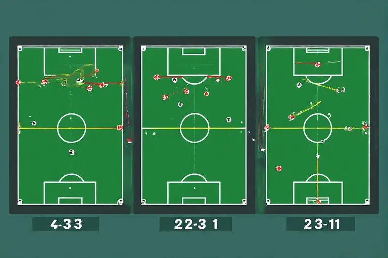 Rappresentazione grafica dei moduli 4-3-3, 4-2-3-1 e 3-4-3 con linee di pressione evidenziate