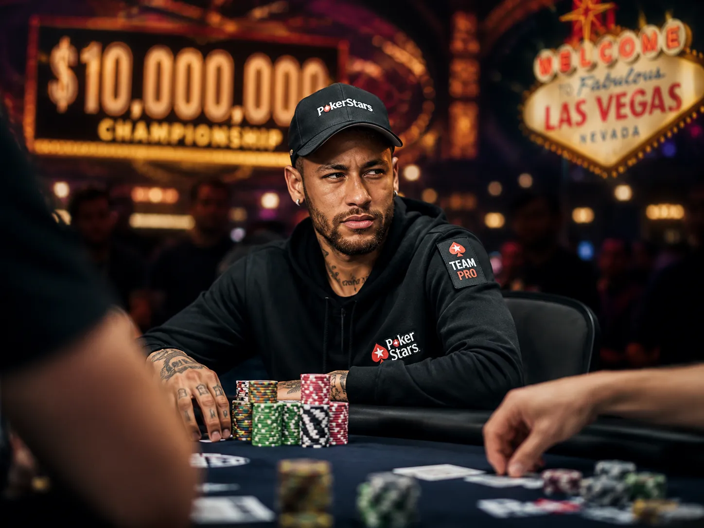 Neymar seduto a un tavolo da poker durante un torneo a Las Vegas dopo i Mondiali.