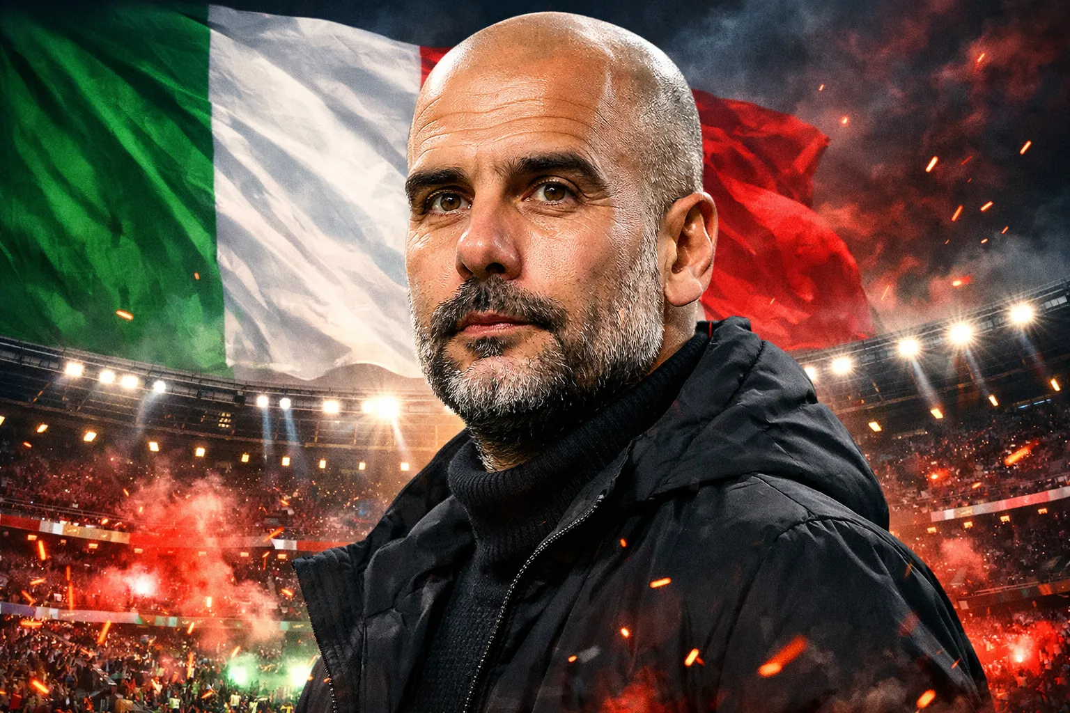Pep Guardiola in primo piano con la bandiera dell’Italia sullo sfondo, simbolo della possibile rivoluzione sulla panchina azzurra.
