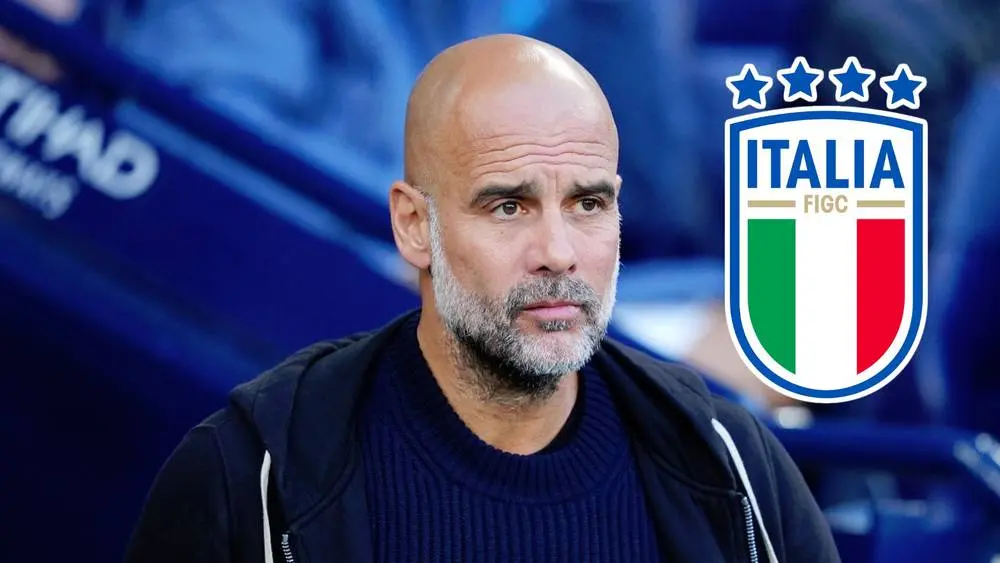 Pep Guardiola davanti alla bandiera dell’Italia e a uno stadio illuminato, simbolo della rivoluzione che potrebbe portare come CT.