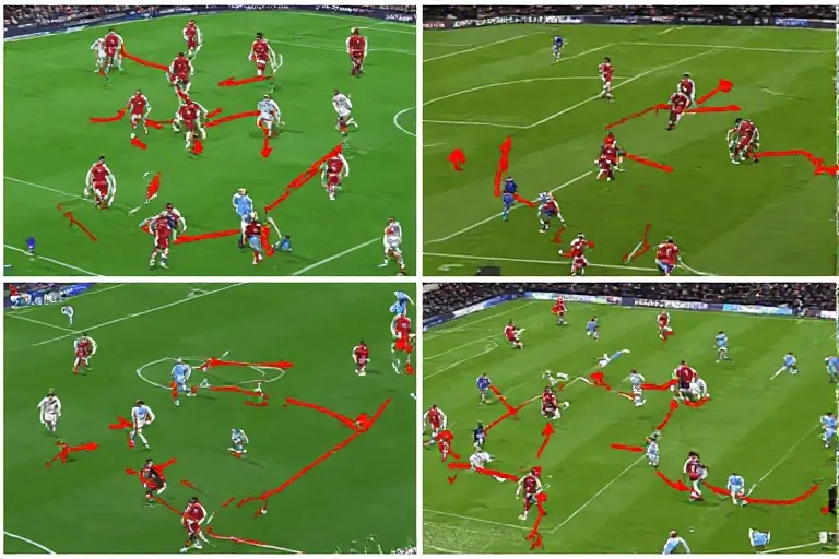 Collage tattico con Liverpool, Manchester City e RB Leipzig e linee di pressing evidenziate