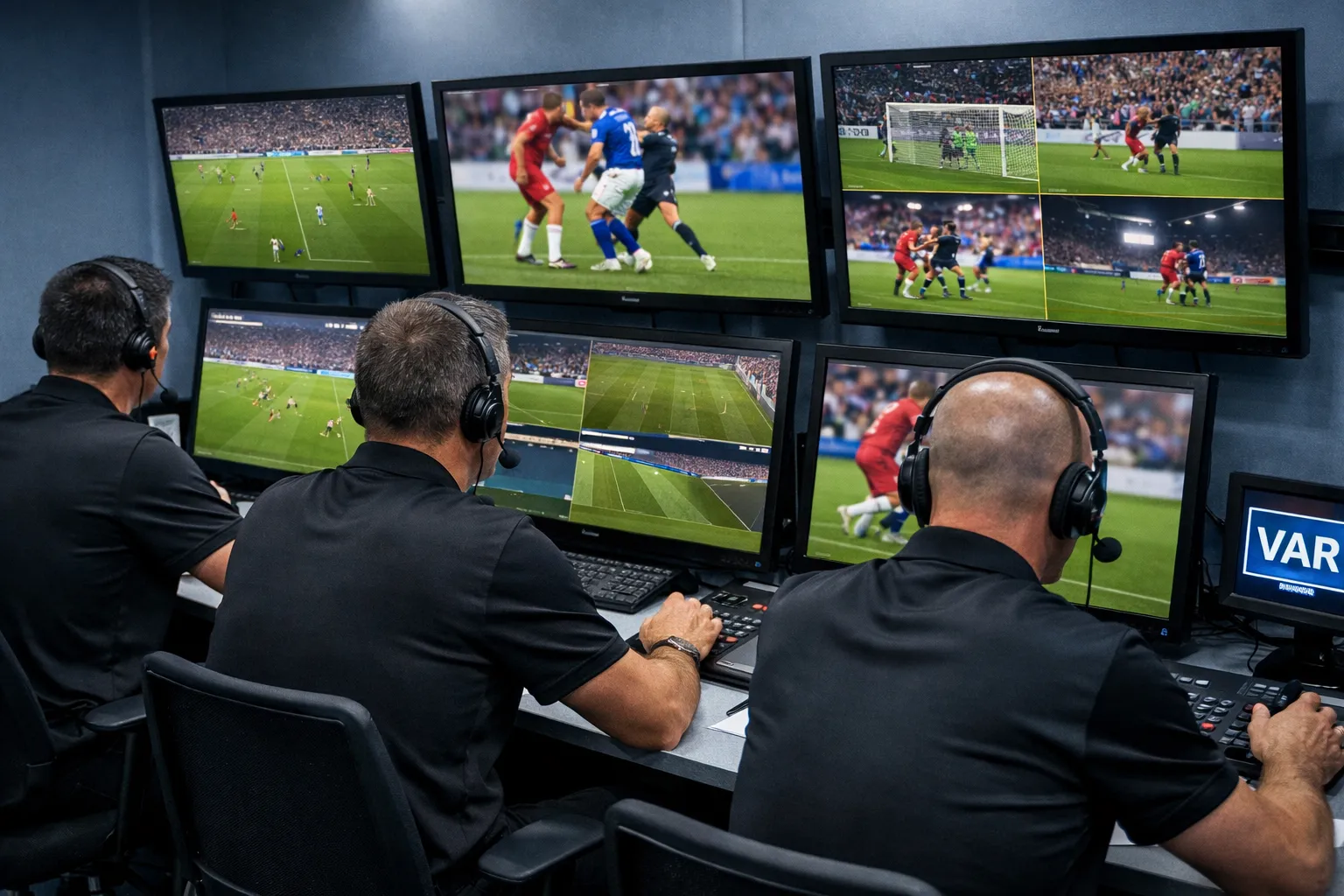 Arbitri nella sala VAR mentre analizzano diverse angolazioni di una partita