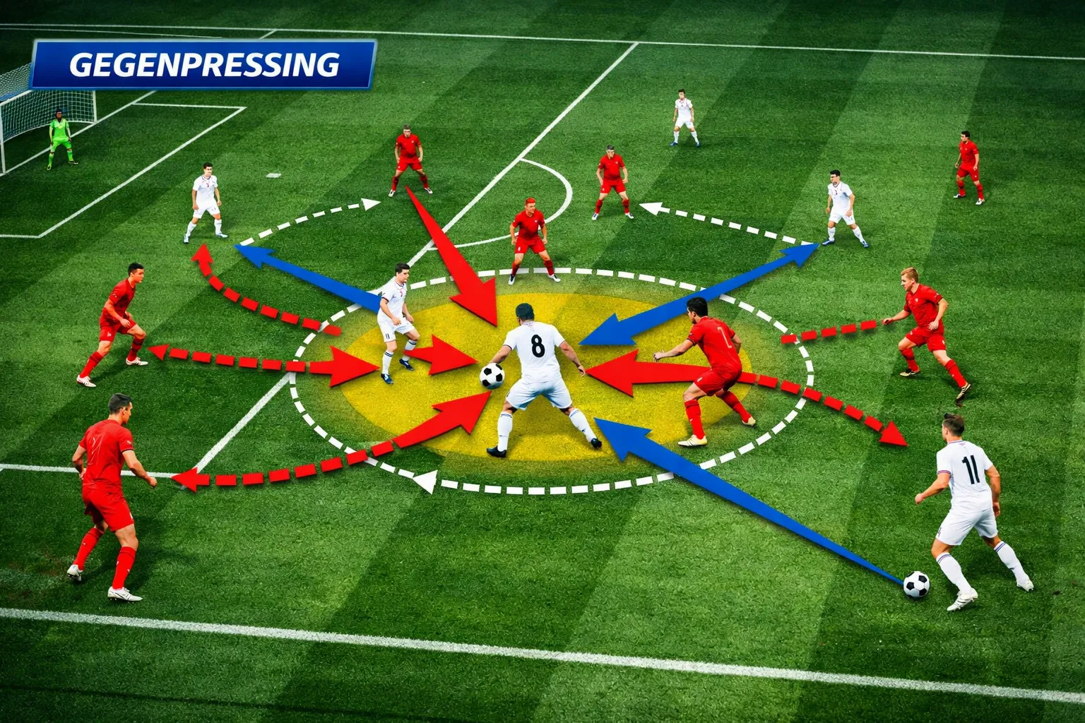 Schema tattico del gegenpressing con linee di pressione e movimenti coordinati
