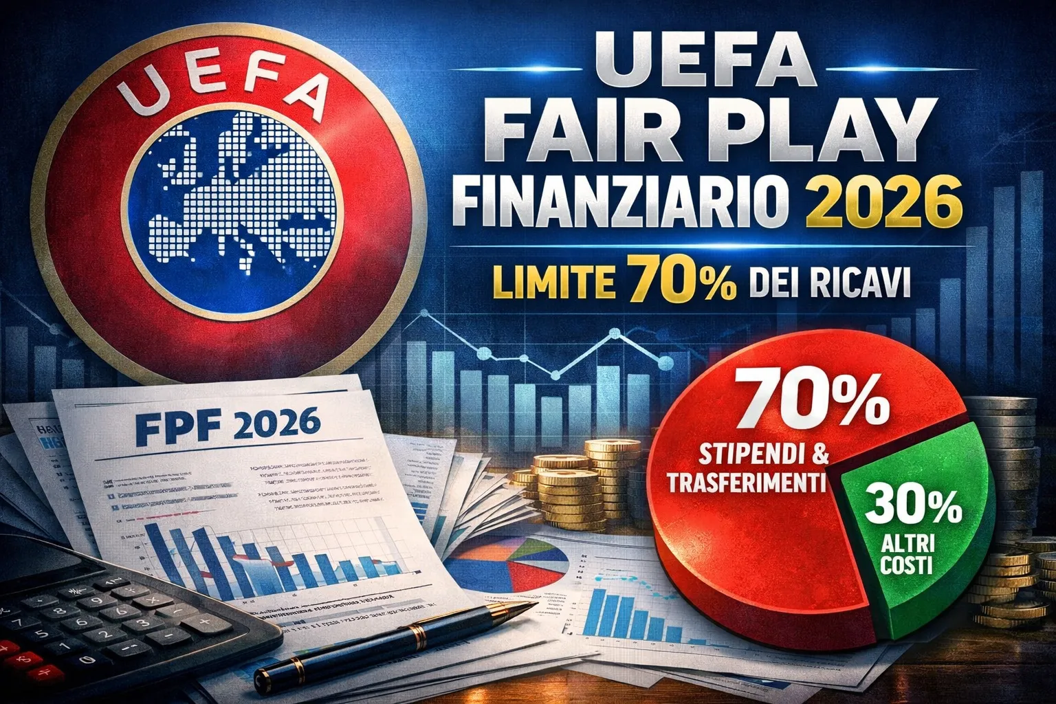 Grafica UEFA Fair Play Finanziario 2026 con logo UEFA, documenti finanziari e limite del 70% dei ricavi