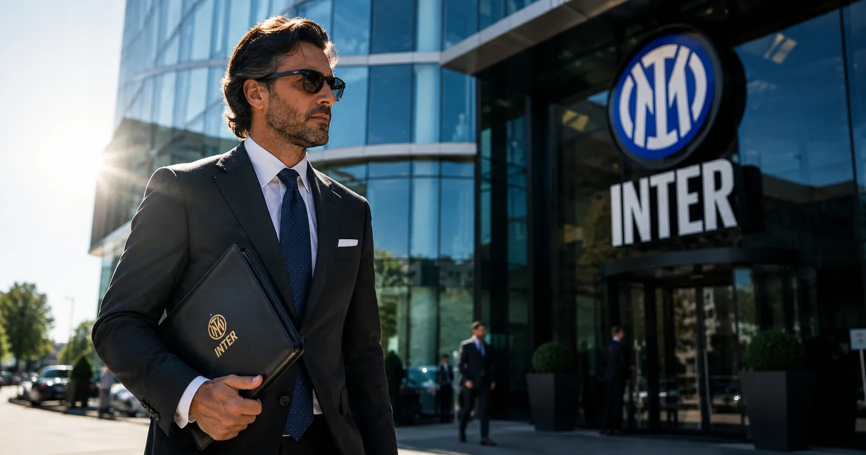 Un procuratore sportivo in abito elegante davanti alla sede dell'Inter a Milano, a simboleggiare l'arrivo dell'agente di Cristian Romero per definire il contratto.