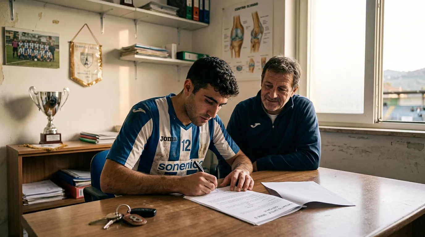 Un giovane calciatore di Serie D firma il contratto di apprendistato sportivo nella sede della società