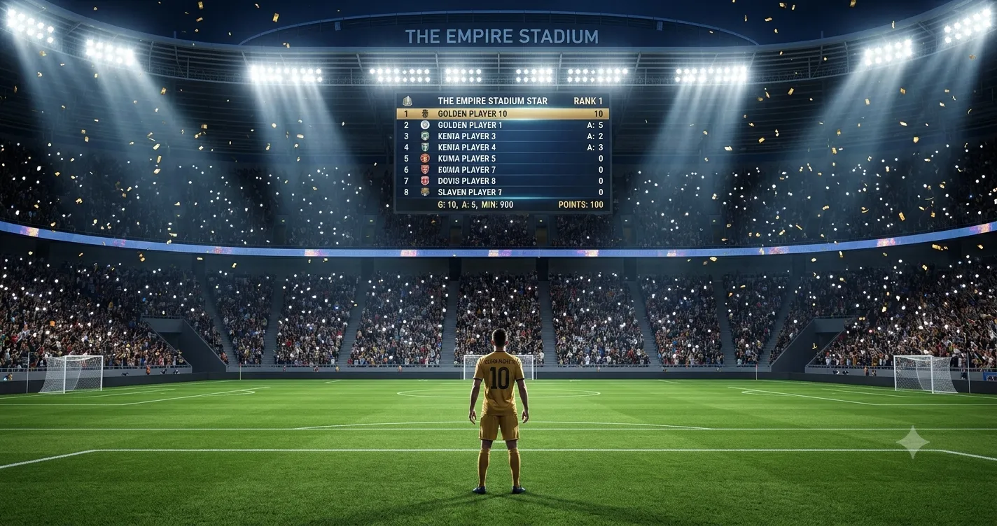 Classifica dei marcatori all-time della storia del calcio proiettata su uno schermo gigante in uno stadio illuminato a notte