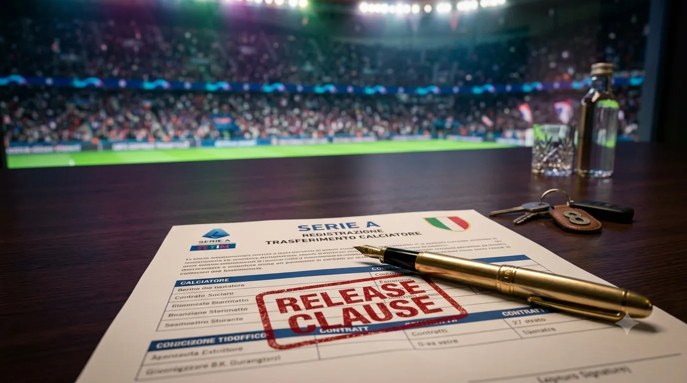 Un contratto di calciomercato di Serie A con timbro rosso per l'attivazione della clausola rescissoria
