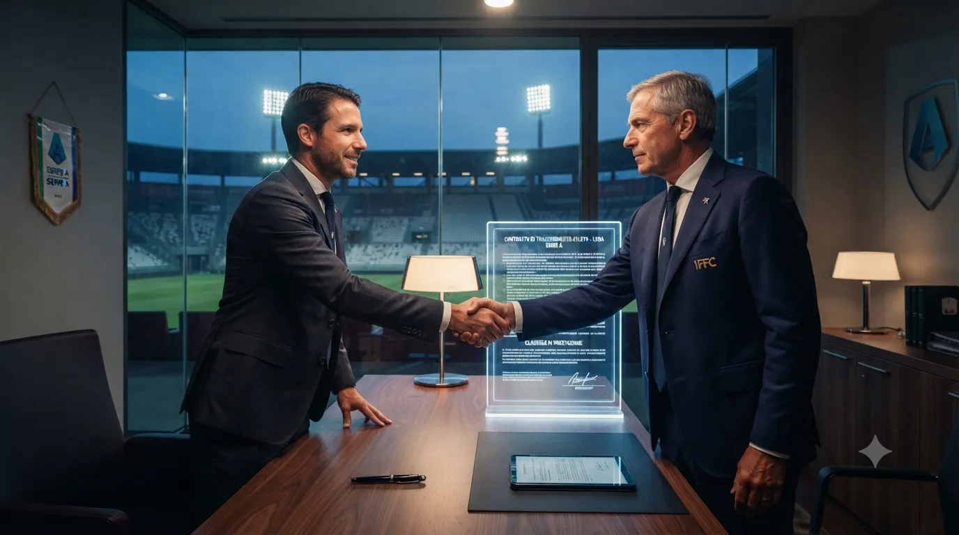 Un agente sportivo stringe la mano a un dirigente di una squadra di Serie A in un ufficio moderno