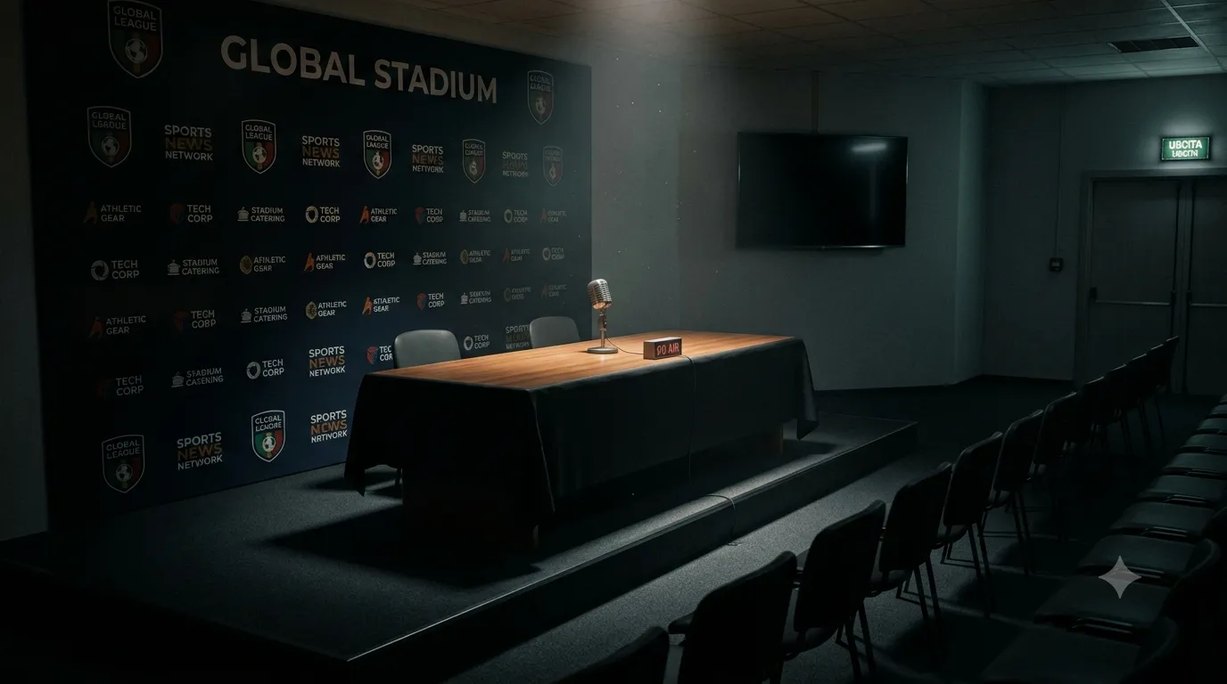 Una sala stampa vuota di uno stadio di calcio che simboleggia la crisi finanziaria di un club di Lega Pro