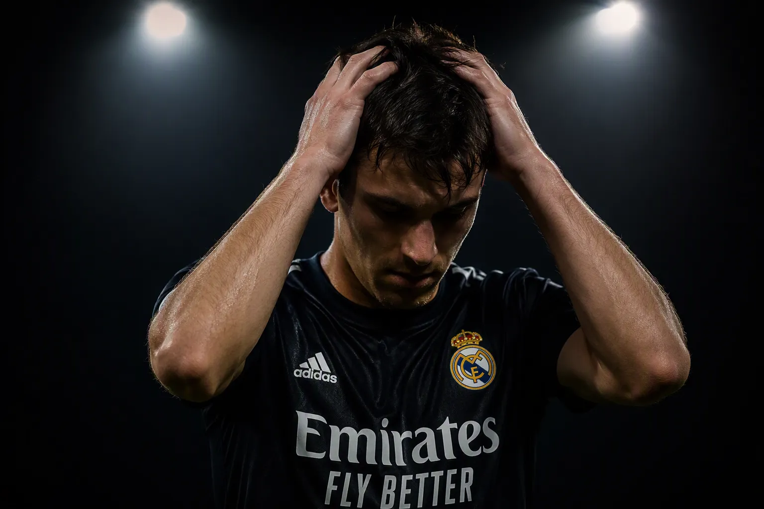 Un giocatore di calcio deluso sul campo con le mani nei capelli, metafora del calciomercato dell'Inter e della trattativa sfumata per Khalaili.
