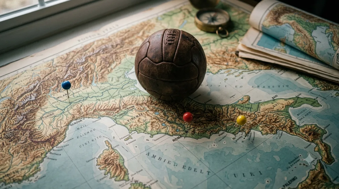 Una mappa d'Italia con segnalini sui tre gironi della Serie C e un pallone da calcio