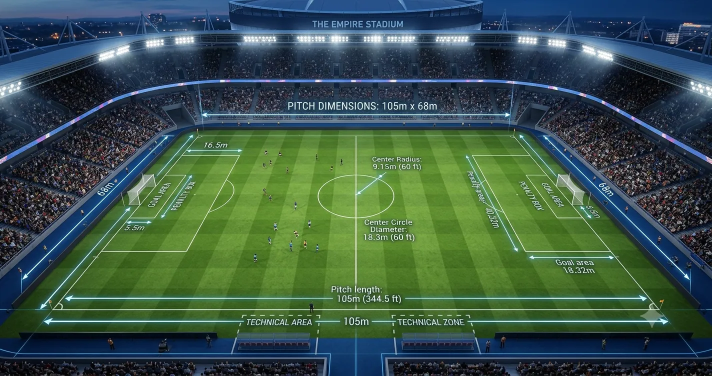 Schema tridimensionale e render realistico di un campo da calcio regolamentare con l'evidenziazione delle linee di gioco e delle misure standard FIFA.