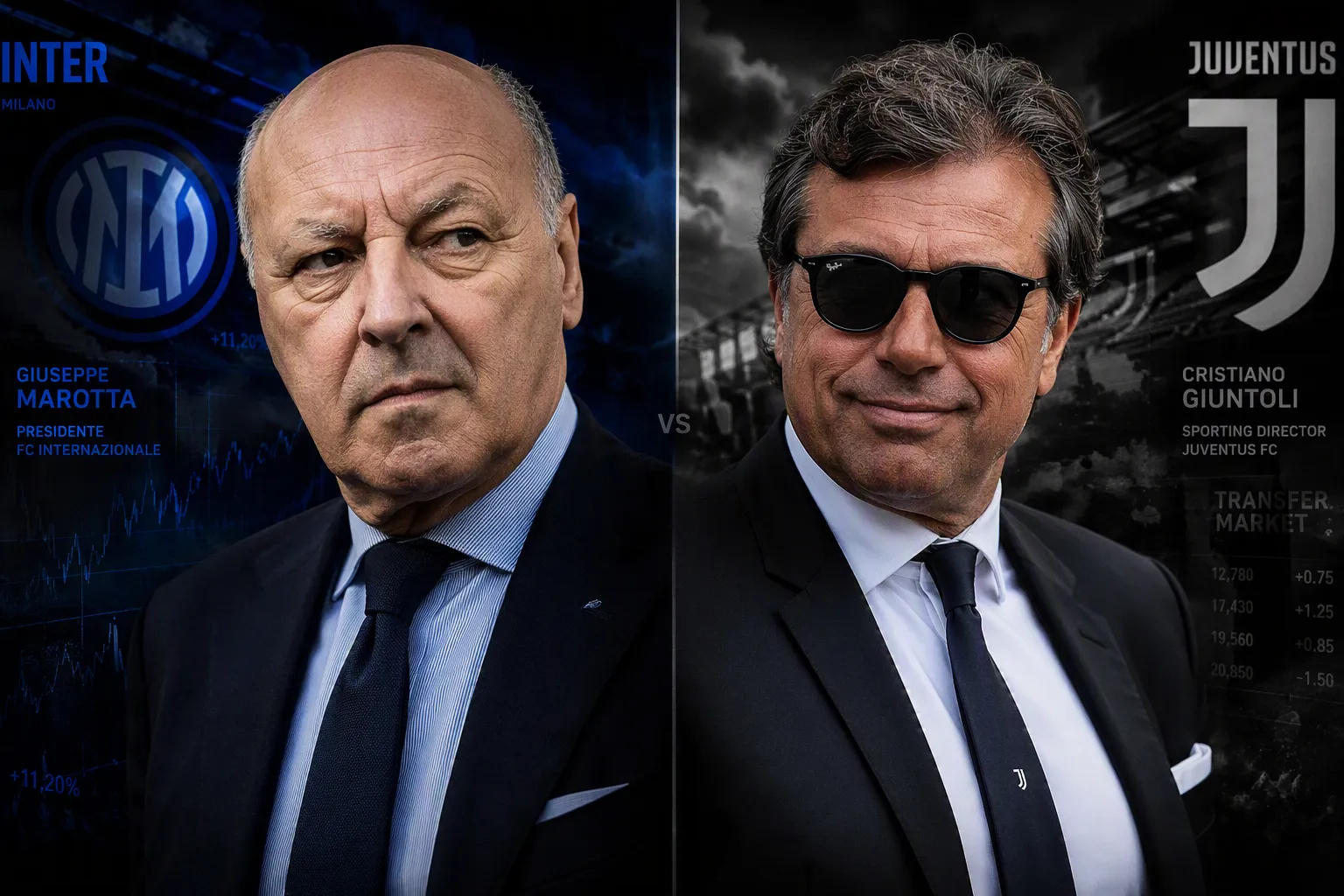 Giuseppe Marotta e Cristiano Giuntoli in un fotomontaggio drammatico che rappresenta il duello di calciomercato tra Inter e Juventus per Djed Spence.