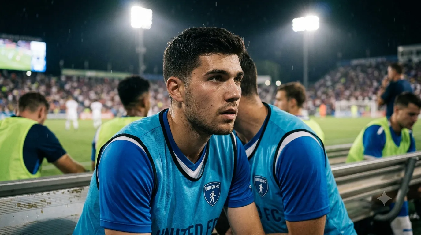 Un giovane calciatore Under in panchina durante una partita serale di Serie C