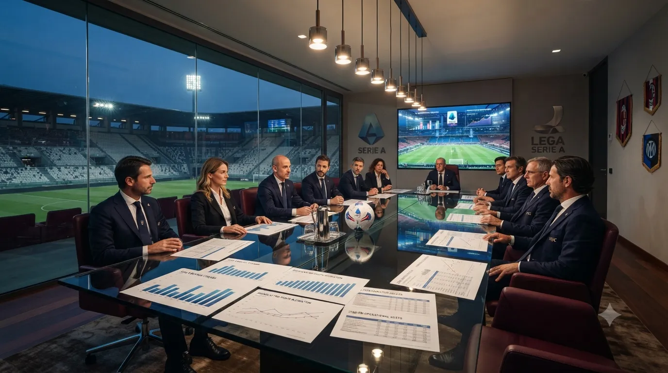 Una sala riunioni moderna di una squadra di Serie A con grafici finanziari e un pallone da calcio sul tavolo