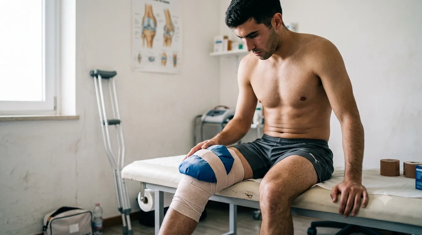 Un calciatore di Serie C con il ginocchio fasciato e le stampelle in una sala medica