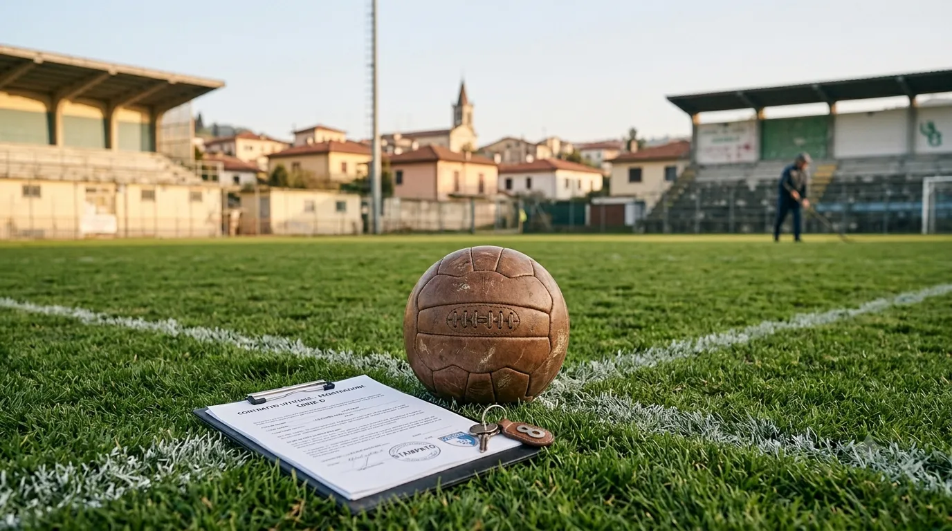 Un pallone da calcio su un campo in erba accanto a una cartellina con i documenti di iscrizione alla Serie D