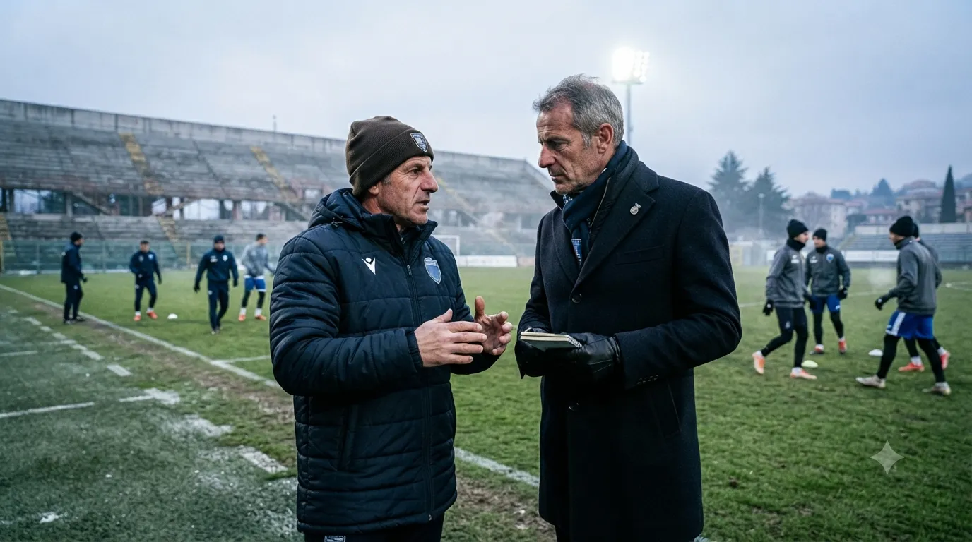 Un allenatore e un dirigente di una squadra di Serie D parlano a bordo campo durante una sessione di allenamento invernale