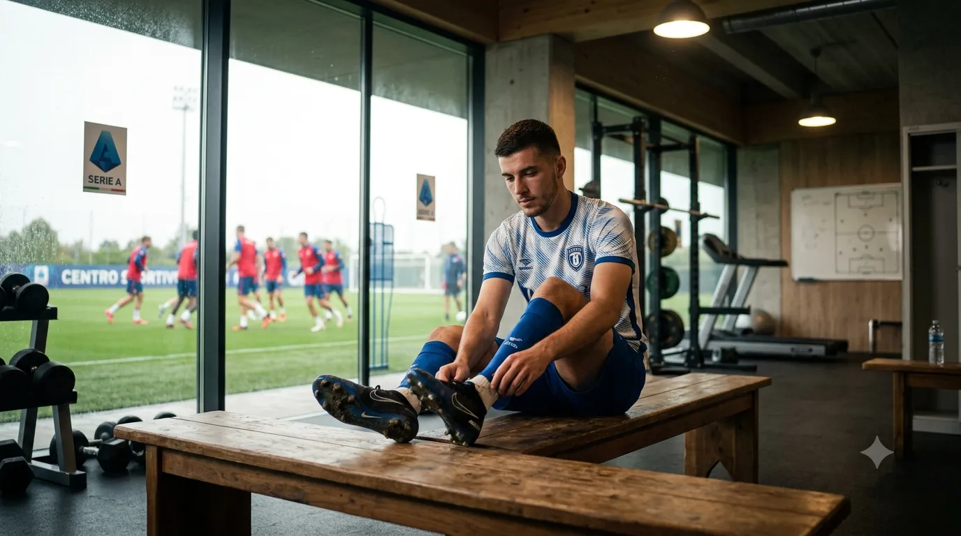 Un calciatore di Serie A seduto da solo in palestra mentre la squadra si allena sul campo