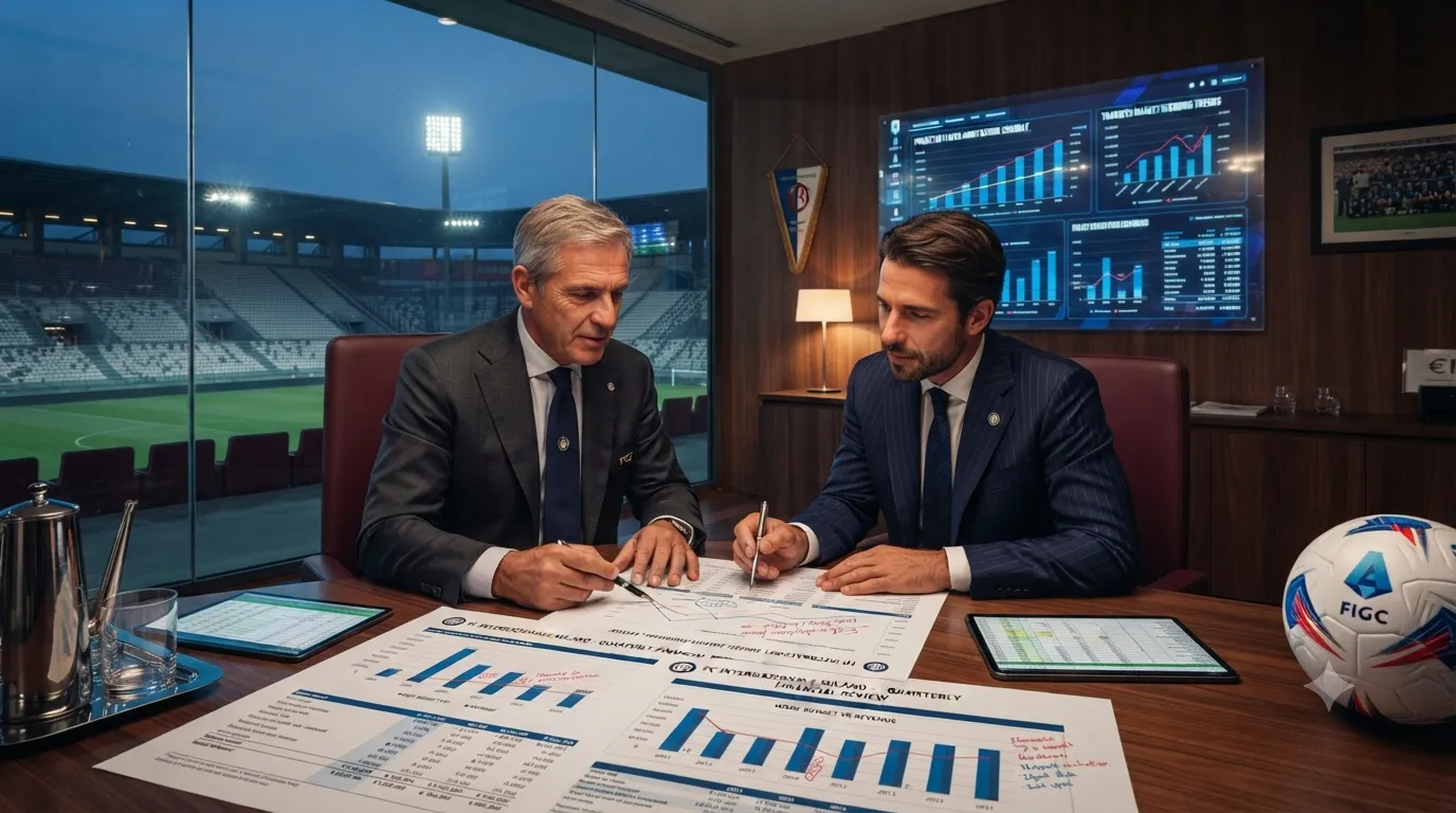 Un commercialista sportivo e un dirigente analizzano grafici finanziari e bilanci in un ufficio moderno