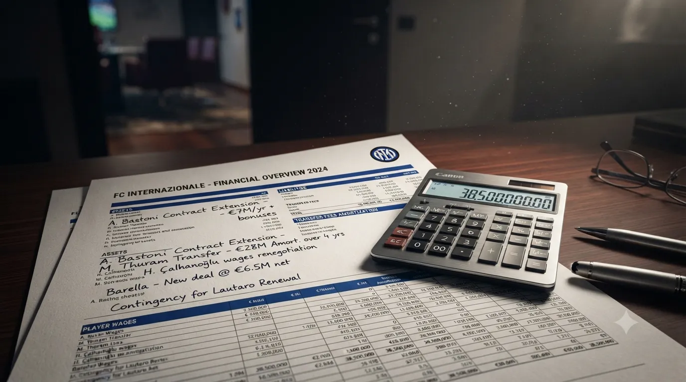 Un documento finanziario di bilancio con contratti di calciomercato e una calcolatrice digitale