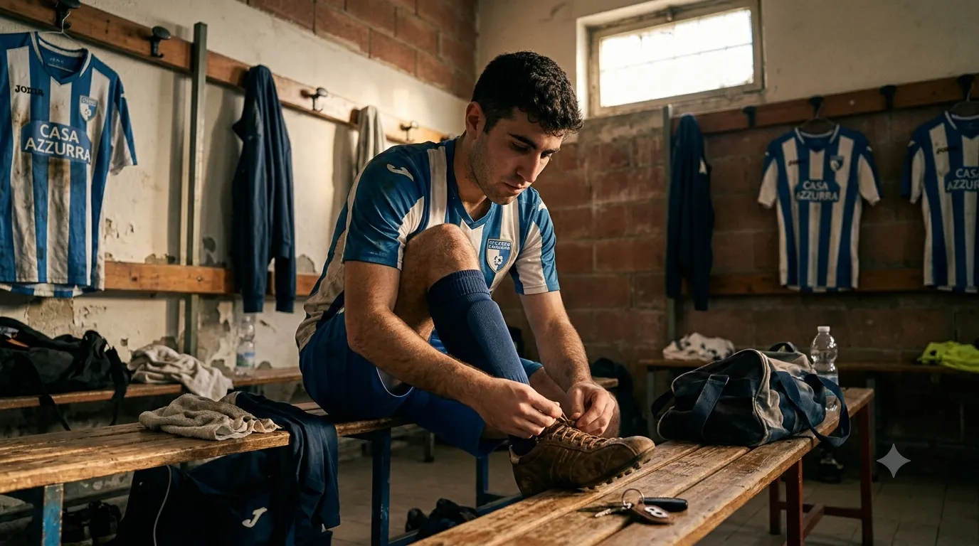 Un giovane calciatore dilettante si allaccia gli scarpini nello spogliatoio prima di scendere in campo