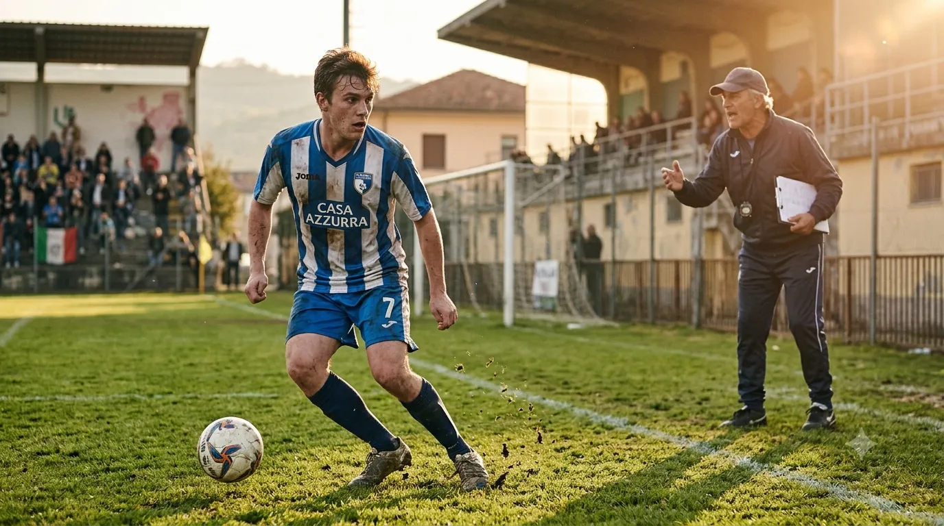 Un giovane calciatore di Serie D durante un allenamento con il suo allenatore su un campo in erba