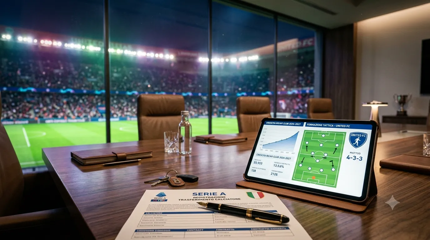 Documenti ufficiali di calciomercato con firma e penna su un tavolo di una sala direzionale con vista stadio
