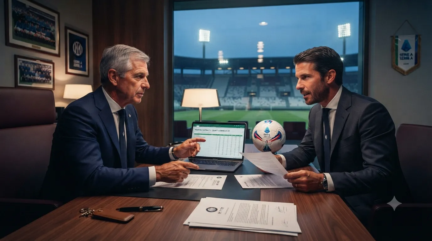 Un dirigente sportivo e un agente discutono di contratti di trasferimento e prestiti calcistici in un ufficio moderno