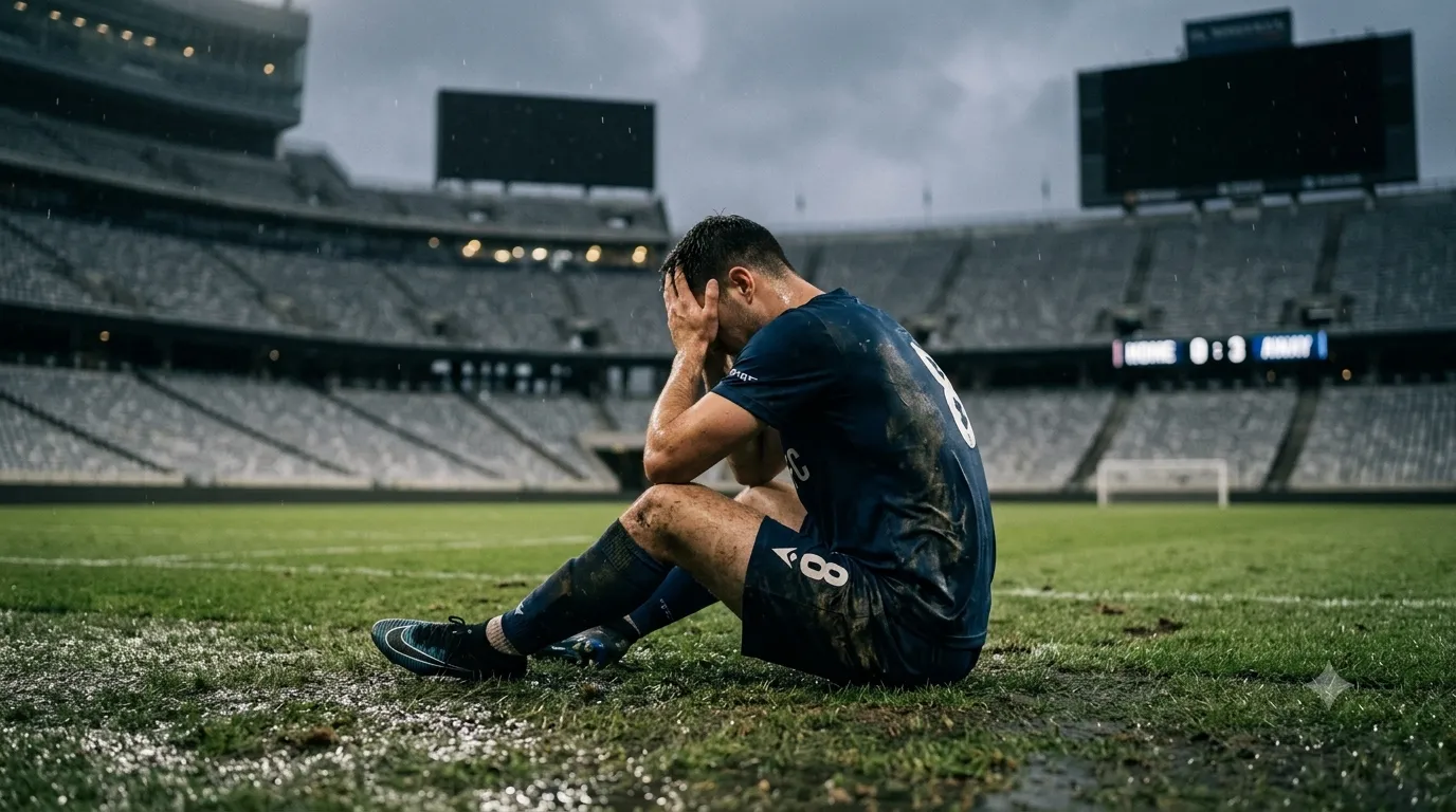 Un calciatore professionista disperato a terra sul campo dopo una retrocessione societaria